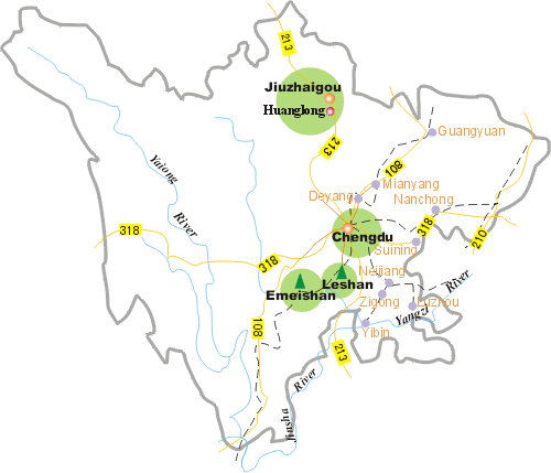 Map of Sichuan,Chengdu,Dazhu,Jiuzhaigou,Emei,Leshan,Huanglong,Woloon,