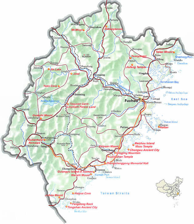 Map of Fujiang Province, China - Fujian travel guide - China travel guide, Fujian China travel services, Fujian tours