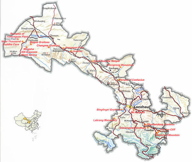 Map of Gansu Province, China  - Gansu travel guide - China travel guide, Gansu China travel services, Gansu tours