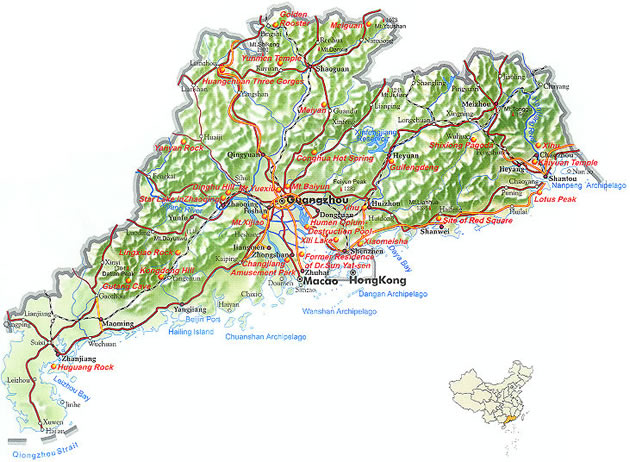 Map of Guangdong Province, China  - Guangdong travel guide - China travel guide, Guangdong China travel services, Guangdong tours
