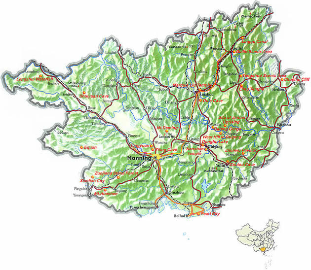 Map of Guangxi Province, China  - Guangxi travel guide - China travel guide, Guangxi China travel services, Guangxi tours