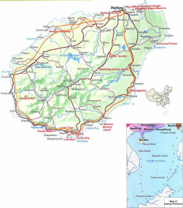 Map of Hainan Province, China - Hainan travel guide - China travel guide, Hainan China travel services, Hainan tours