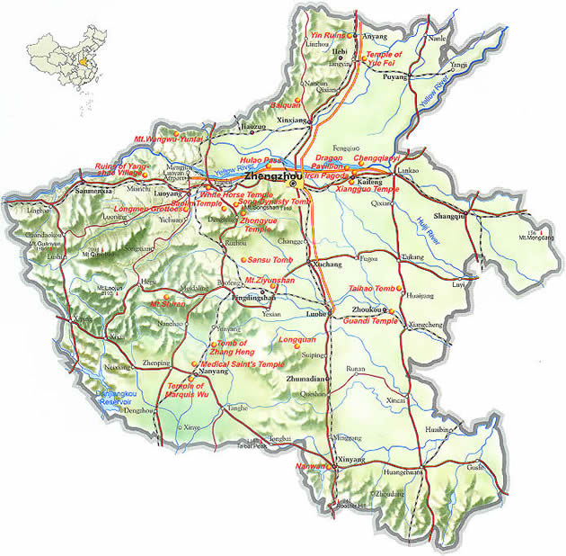 Map of Henan Province, China - Henan travel guide - China travel guide, Henan China travel services, Henan tours