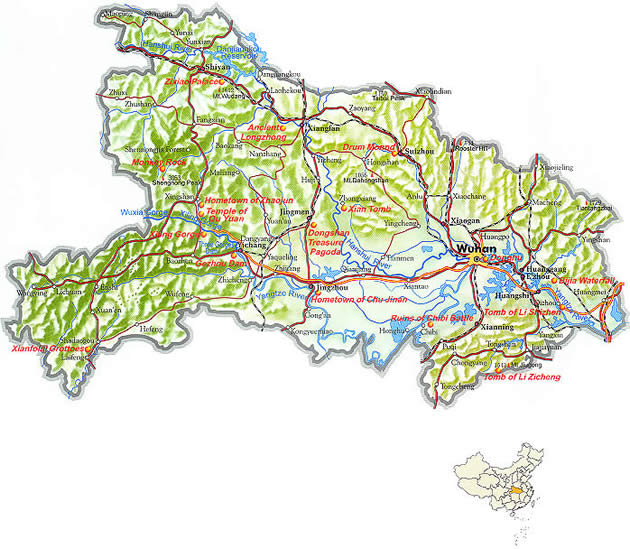 Map of Hubei Province, China - Hubei travel guide - China travel guide, Hubei China travel services, Hubei tours