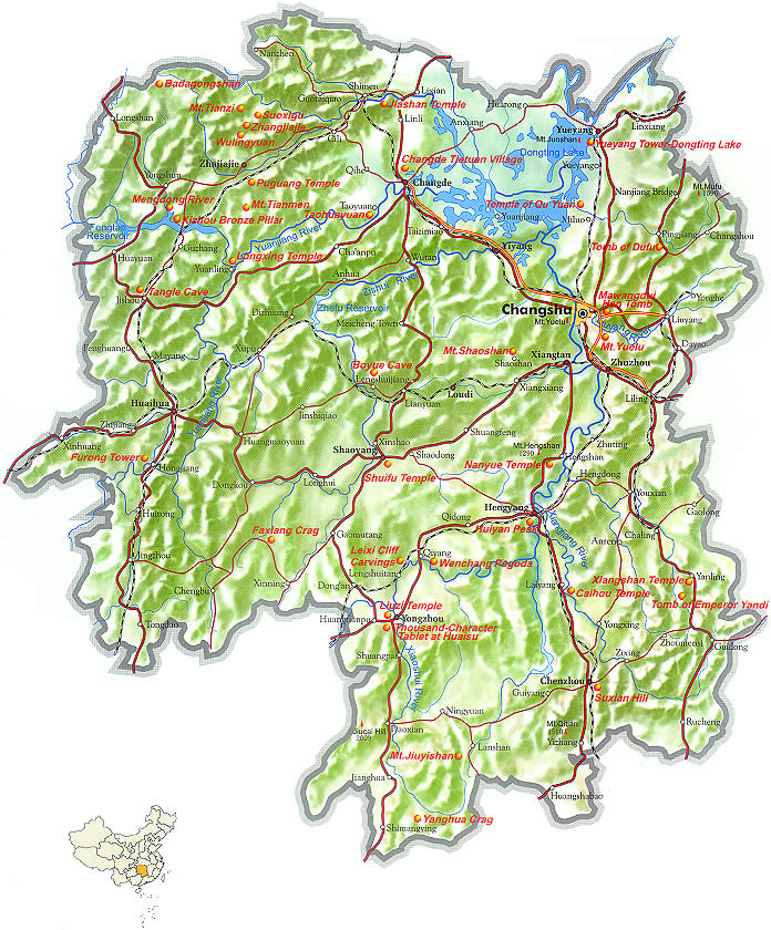 Map of Hunan Province, China - Hunan travel guide - China travel guide, Hunan China travel services, Hunan tours