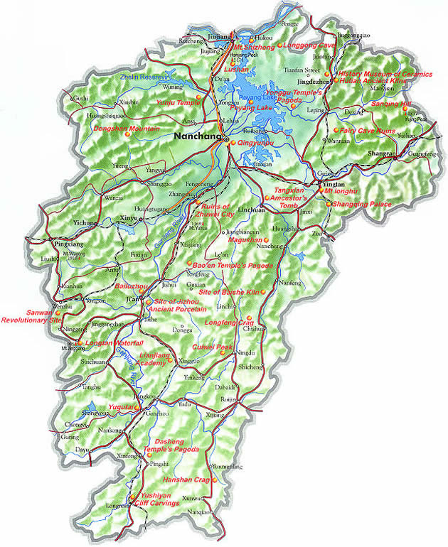Map of Jiangxi Province, China - Jiangxi travel guide - China travel guide, Jiangxi China travel services, Jiangxi tours