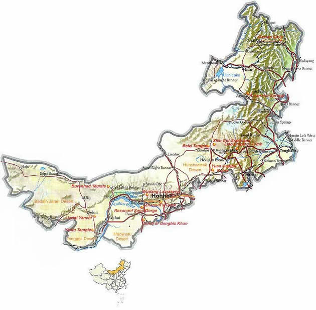 Map of Inner Mongolia Province, China - Inner Mongolia travel guide - China travel guide, Inner Mongolia China travel services, Inner Mongolia tours