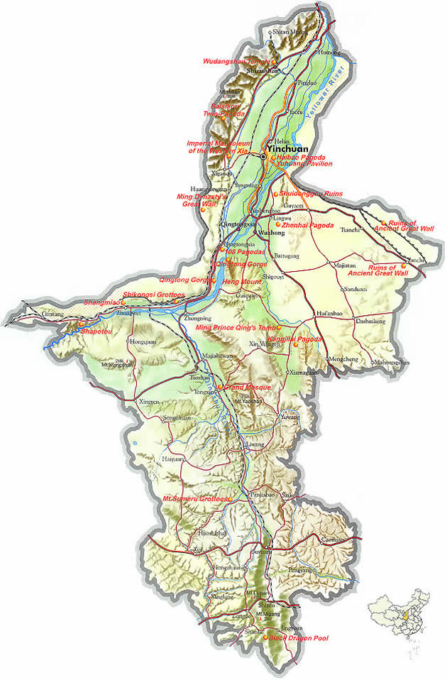 Map of Ningxia Province, China - Ningxia travel guide - China travel guide, Ningxia China travel services, Ningxia tours