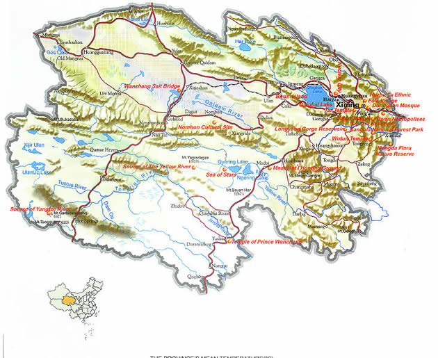 Map of Qinghai Province, China - Qinghai travel guide - China travel guide, Qinghai China travel services, Qinghai tours