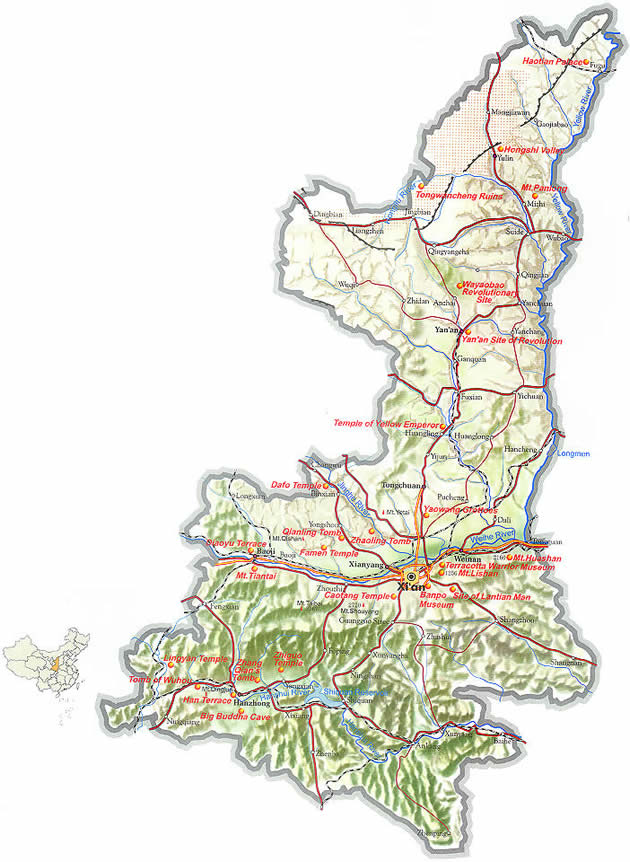 Map of Shaanxi Province, China - Shaanxi travel guide - China travel guide, Shaanxi China travel services, Shaanxi tours