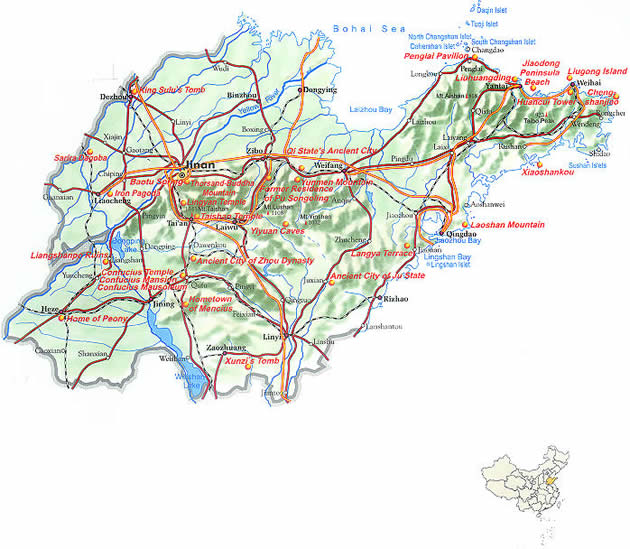 Map of Shandong Province, China - Shandong travel guide - China travel guide, Shandong China travel services, Shandong tours